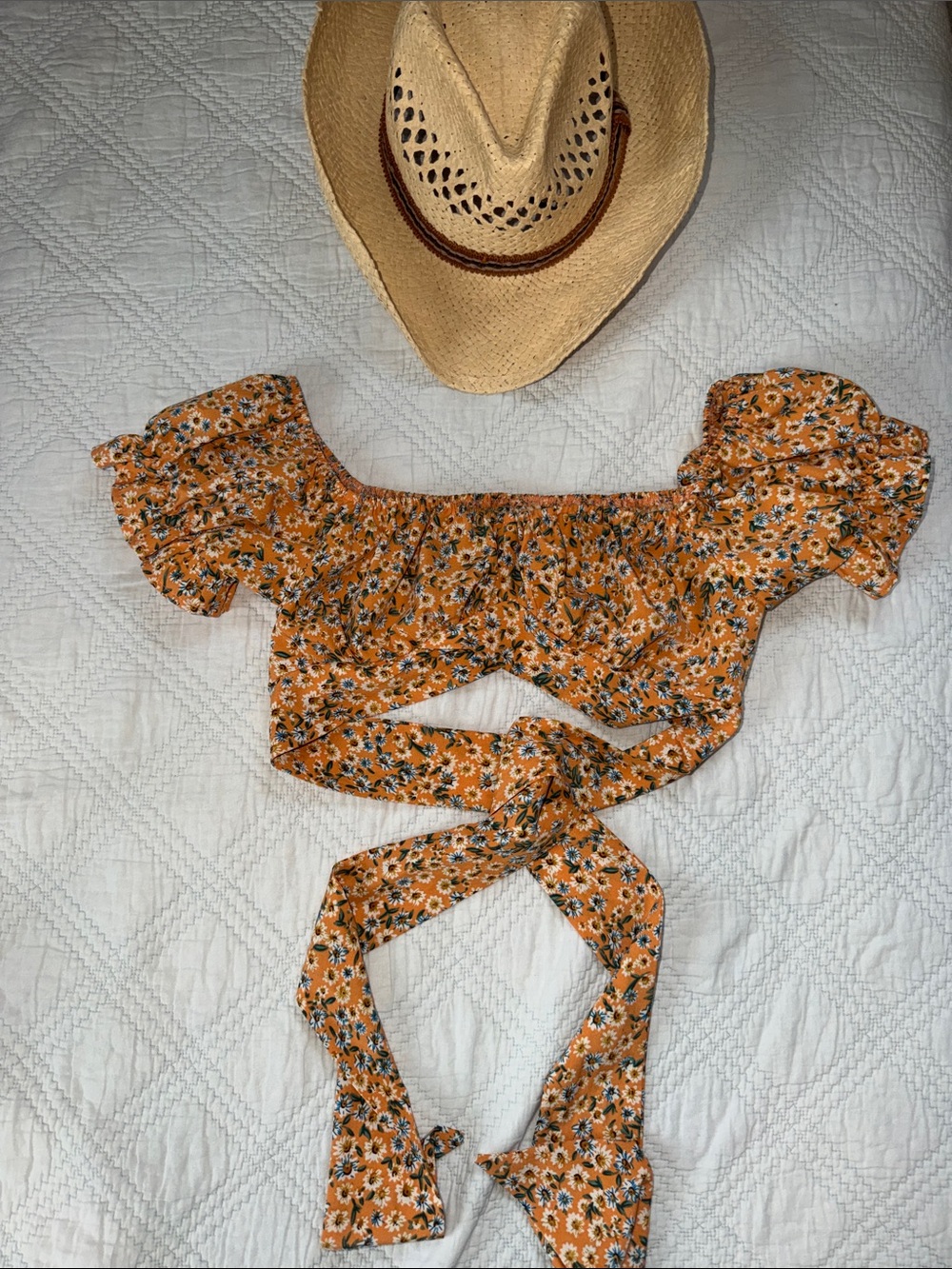 SHEIN Orange Floral Off-Shoulder Tie-Front Crop Top